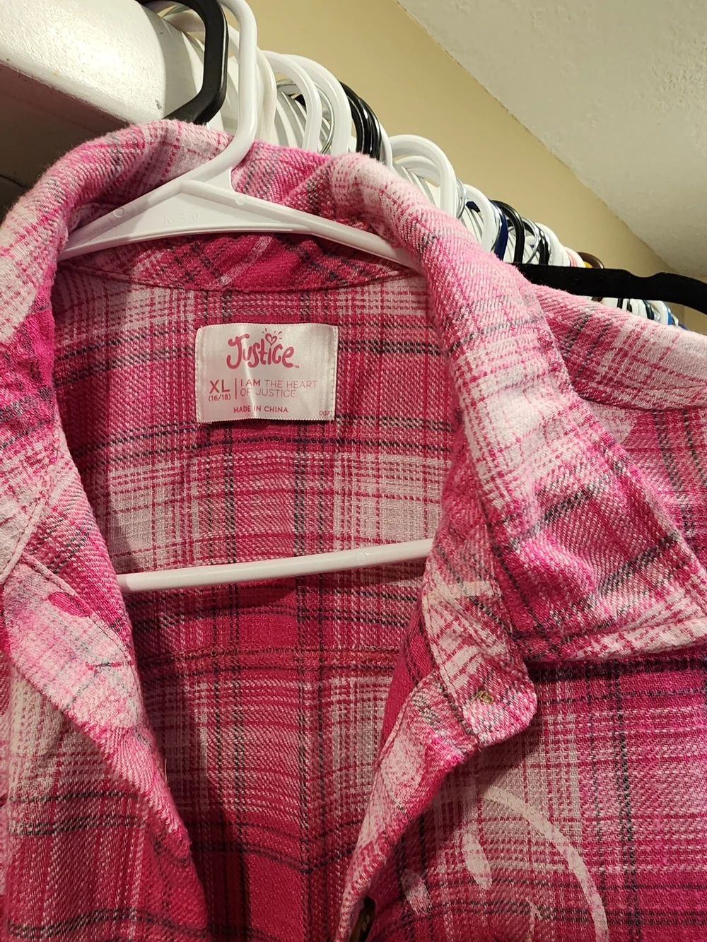 Justice Pink Plaid Button-Up Shirt with Smile Prints